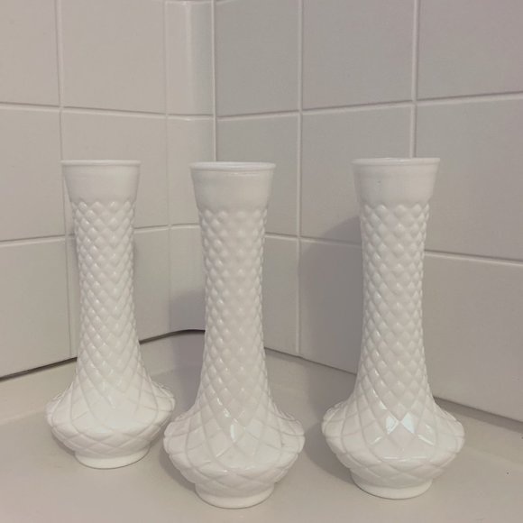 3 Vintage Milk Glass Hobnail Bud Vases